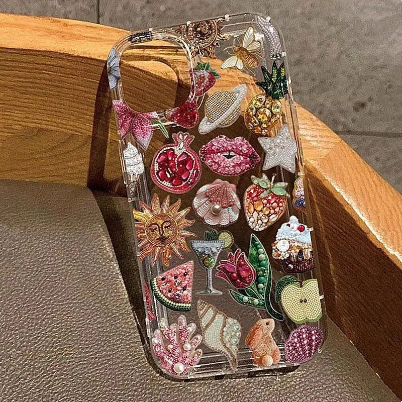 Beaded Pomegranate Sun Phone Case For iPhone 16 17 15 14 13 12 Mini 11 Pro Max 16E X XR 7 8 15 16 Plus SE2 Clear Soft TPU Cover