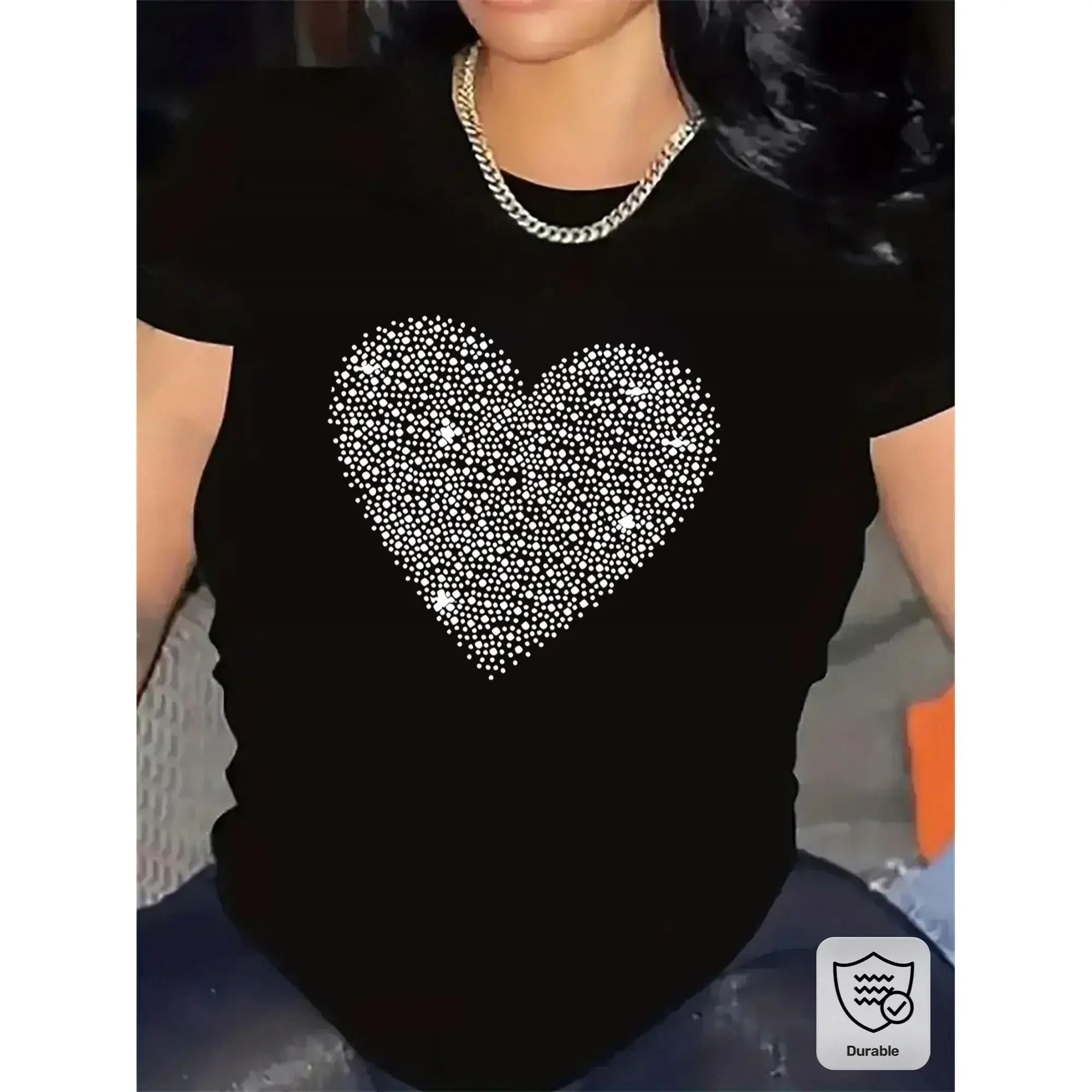 Women's Oversized T-Shirt with Sparkly Rhinestone Heart, 100% Cotton Short Sleeve Loose Fit Top for Casual Wear, Dating & Party Outfits, Skirts, Solid