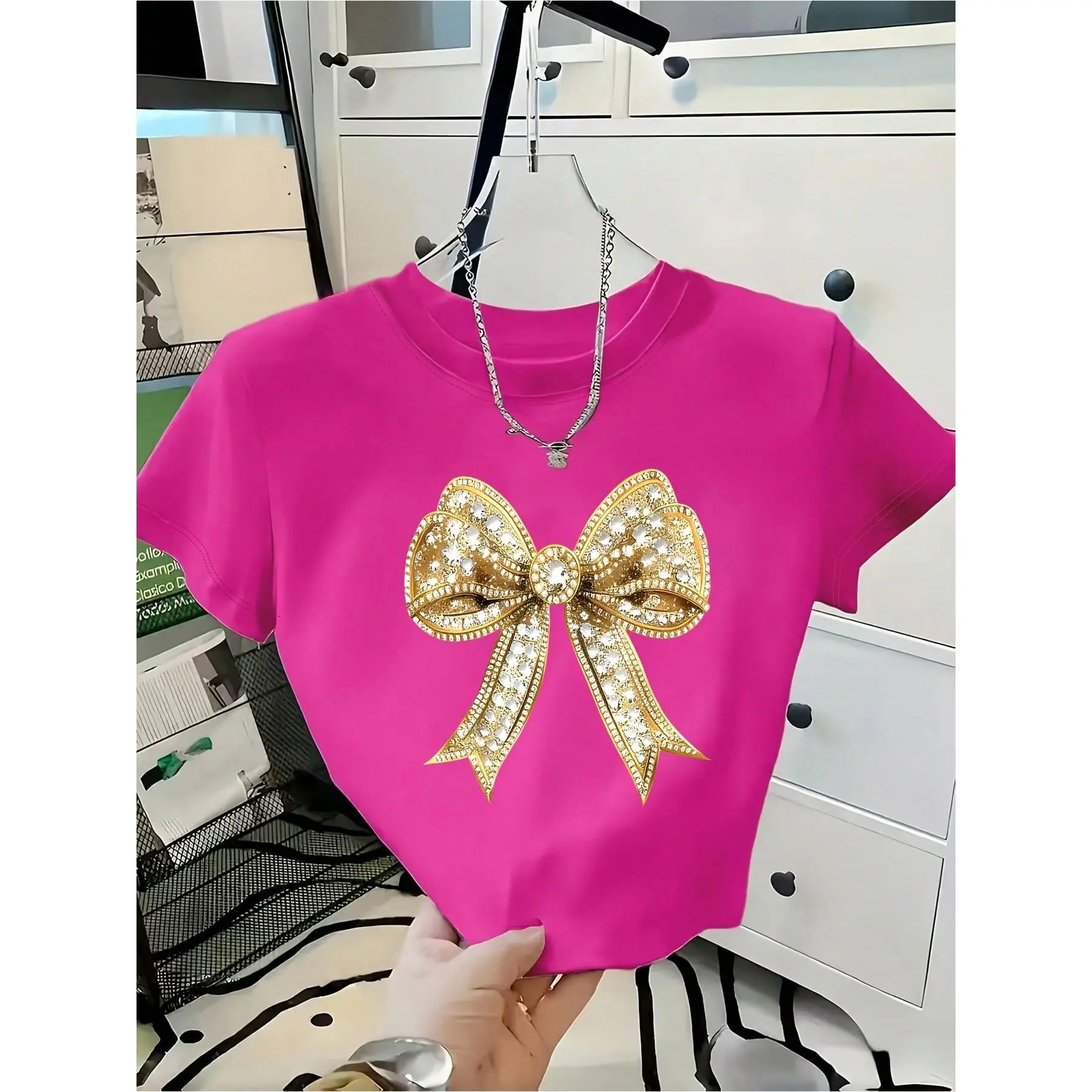 Lady's Knitted Pullover Short-Sleeve Stretchy Sports Top - Faux Rhinestone Shiny Gold Bow Pattern, Lightweight All-Season Streetwear Crop Top, Shortsleeve