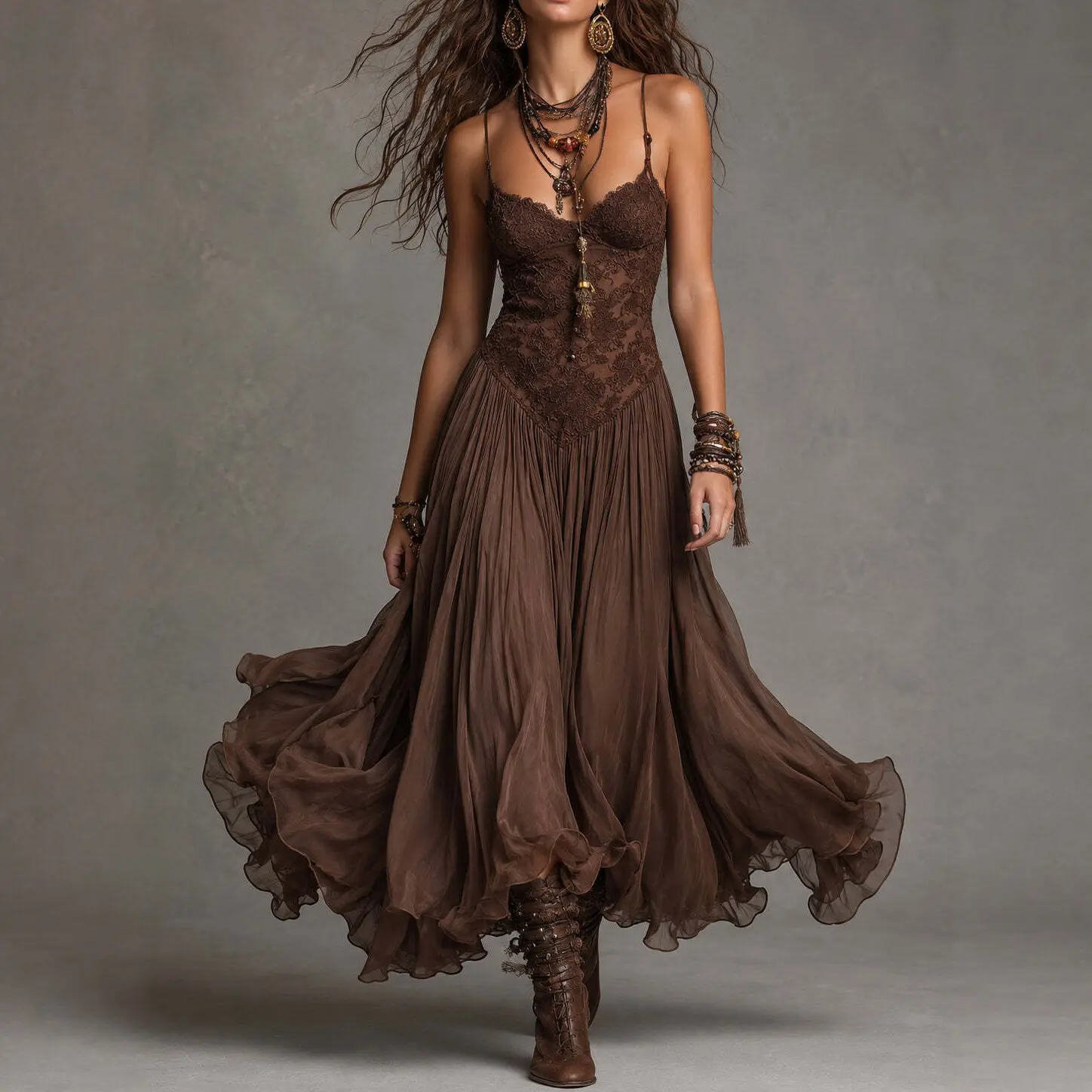 Women's Chiffon Maxi Dress, Sleeveless Vintage Floral Print Gown, Slim-Fit Flowy Formal Wear with Spaghetti Straps