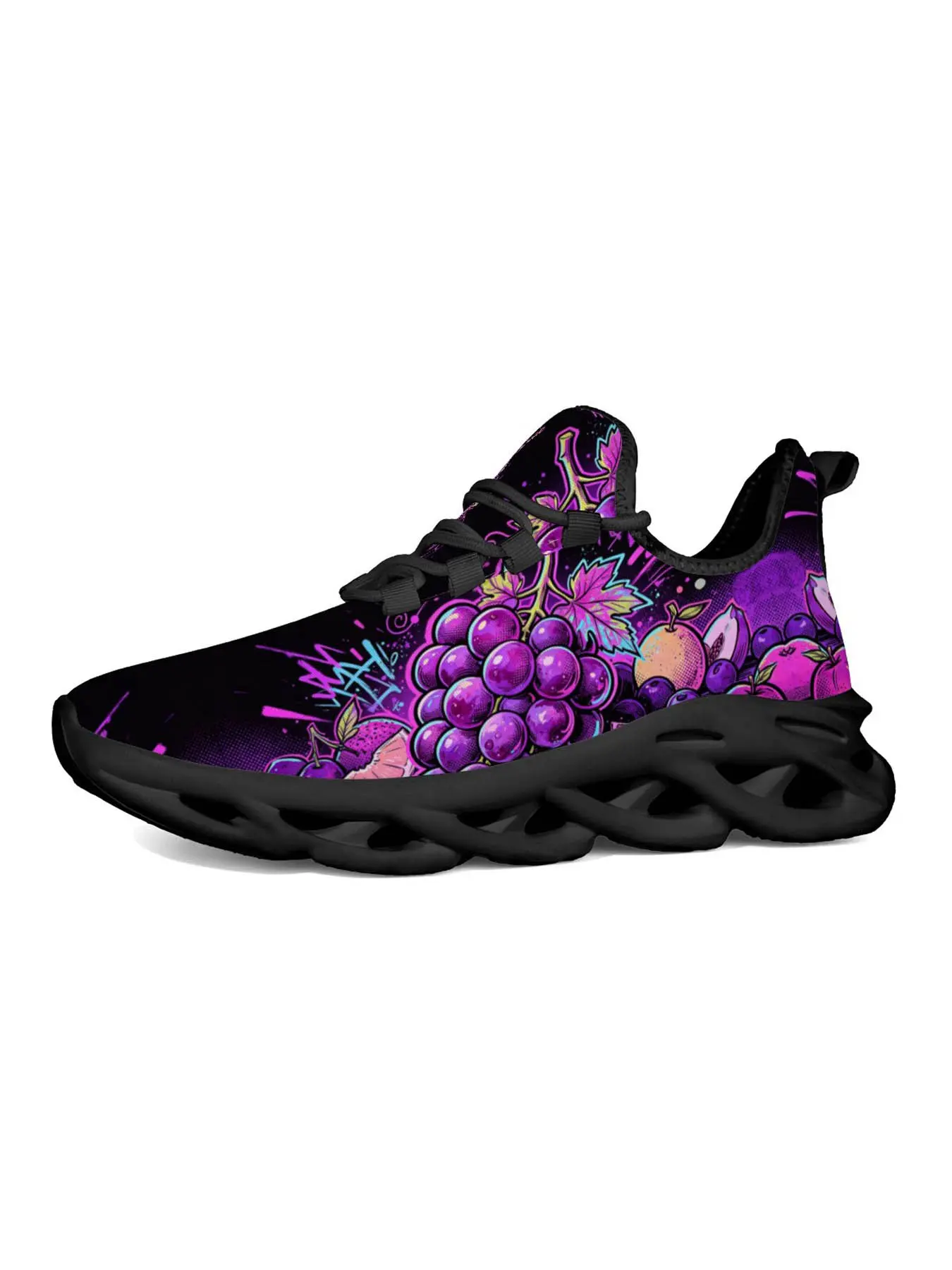 Neon Fruit Graffiti Women's Casual Sneakers, Street Cyber Hip Hop Style, Grape Neon Print, Contrast, Trendy Youth Shoes