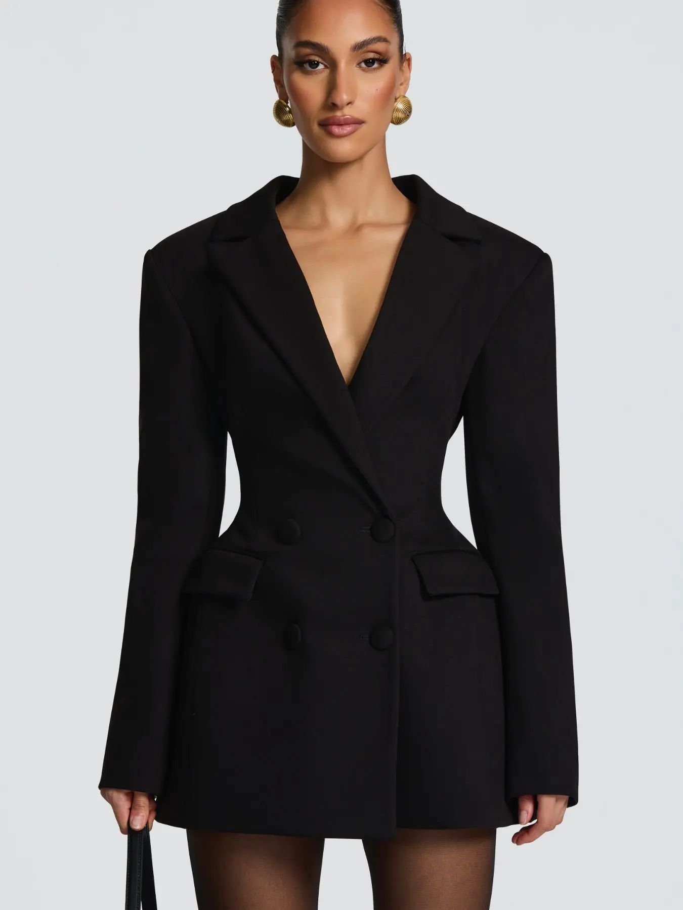 High-Waisted Waist-Cropped Suit Dress, Double-Breasted Design, Long Tailored Jacket, Blazer, Professional Office Wear, Perfect for Work & Events