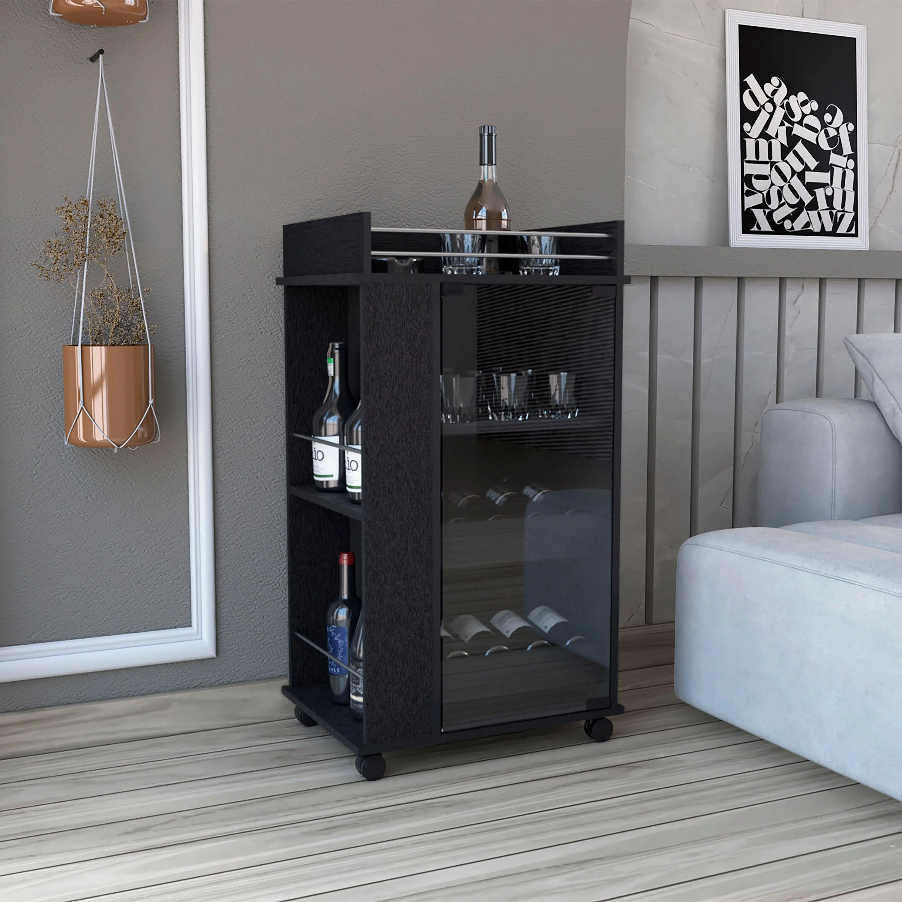 Black Rolling Bar Cart with Glass Door and 2 Side Shelves, Modern Particle Board Kitchen Island Cart on Casters for Dining Room and Living Room, 21.6 x 16.3 x 39 in