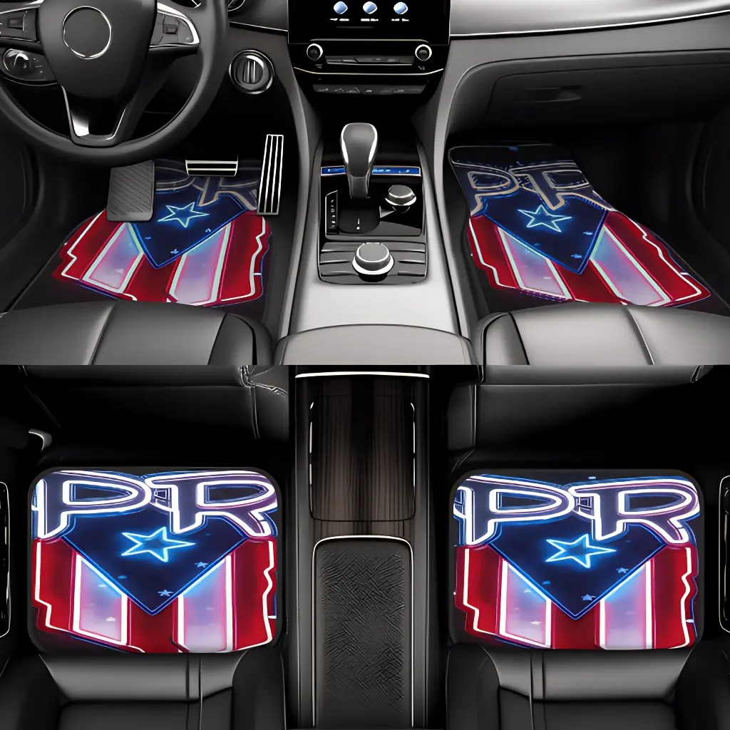 4pcs, Car Floor Mats Exquisite Neon Puerto Rico PR Flag Car Foot Mats Theme, Perfect Design Personalized Pattern, Suitable for Cars, Trucks And Suvs, Durable And Easy to Clean, All-Season Use, Perfect for Car Enthusiasts Decoration