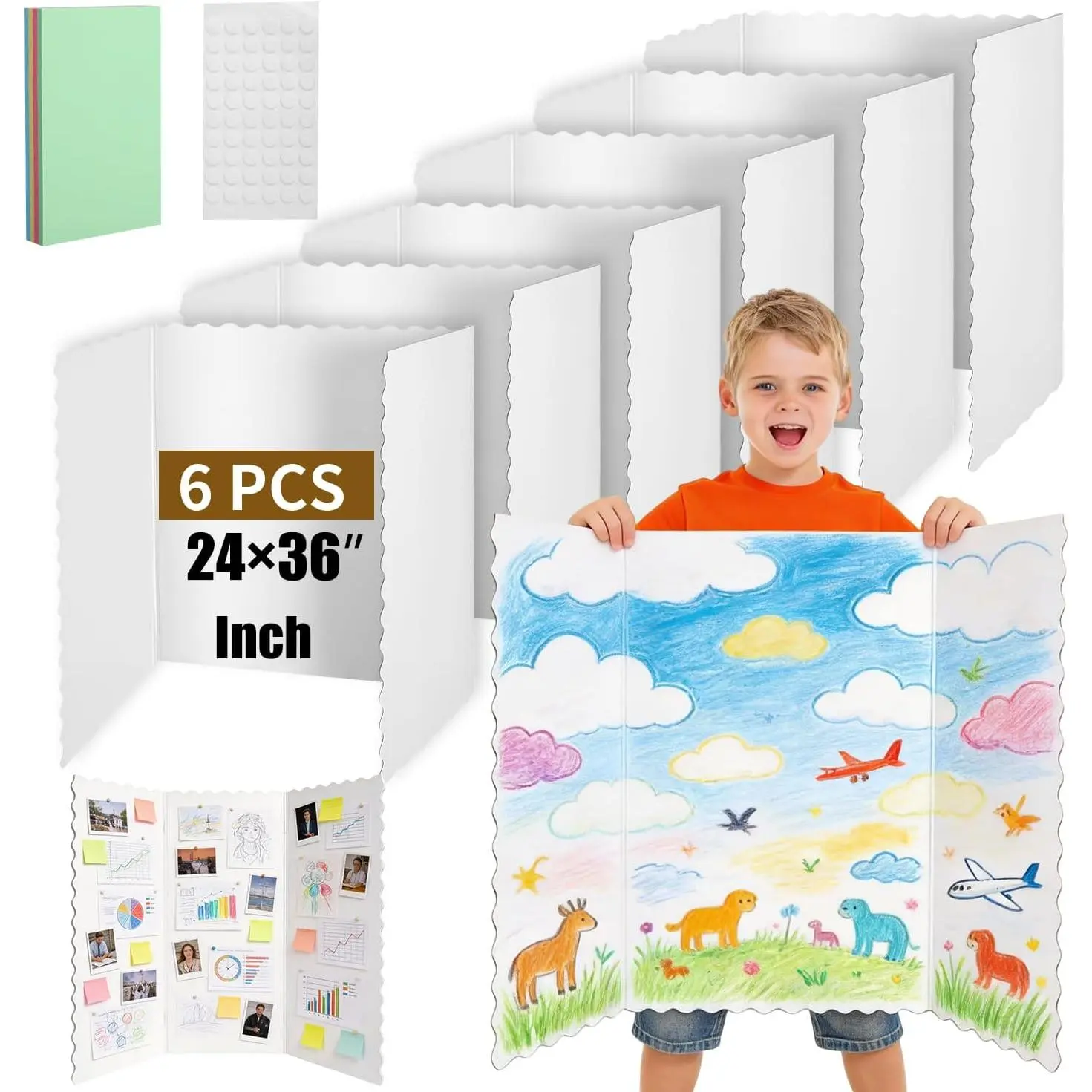 6 Pack 24" x 36" White Trifold Poster Board Bulk, Corrugated Foldable Tri-fold Display Board for Science Fair, School Projects, Presentations, Art, Business & Classroom Supplies