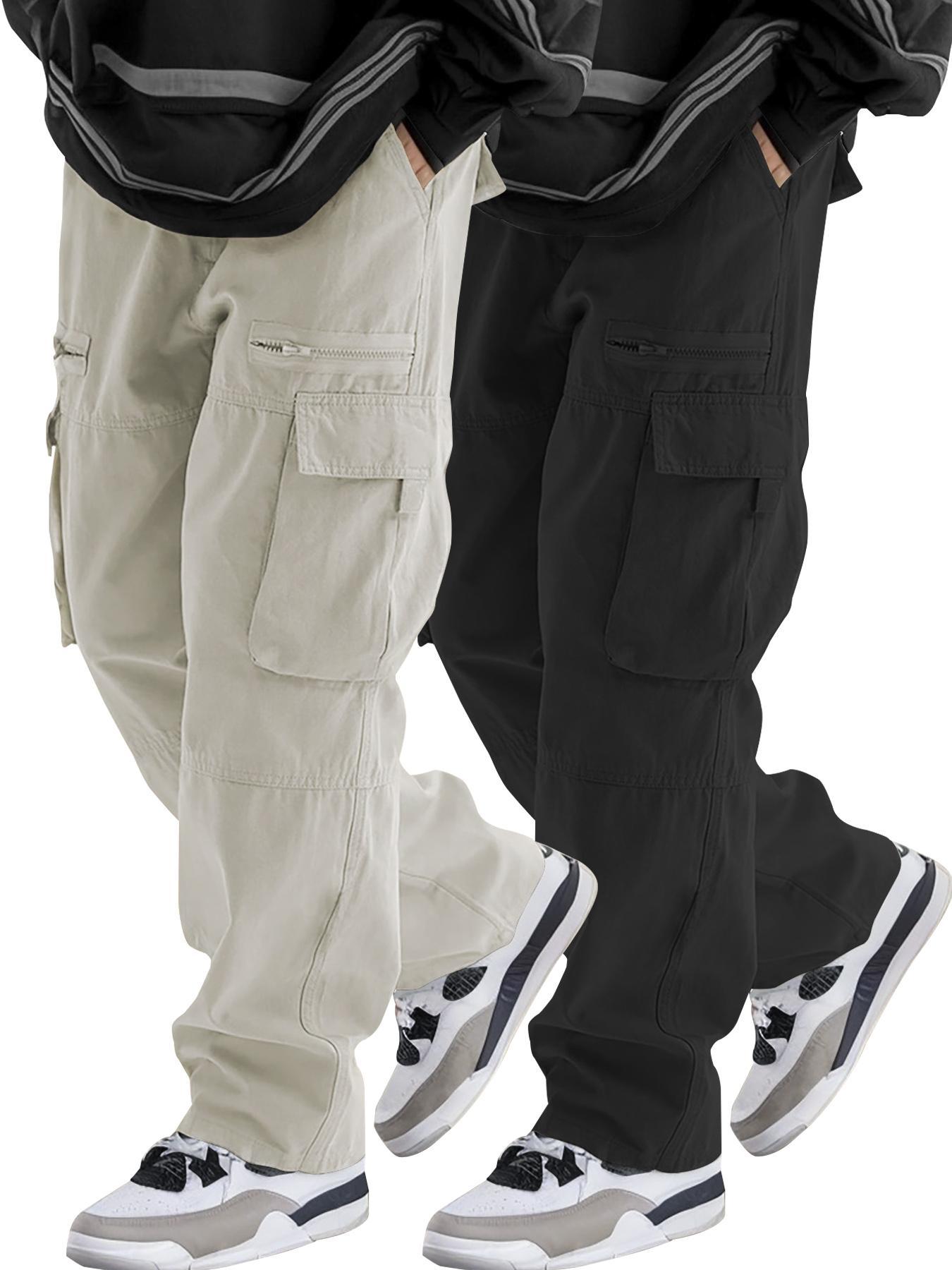 Men's Loose Solid Pocket Drawstring Waist Cargo Pants, Unisex Casual Comfy Zipper Cargo Pants for Daily Outdoor Wear, Women Woven Bottoms for All Seasons Adjustable Waist Pants, Casual Cargo Style