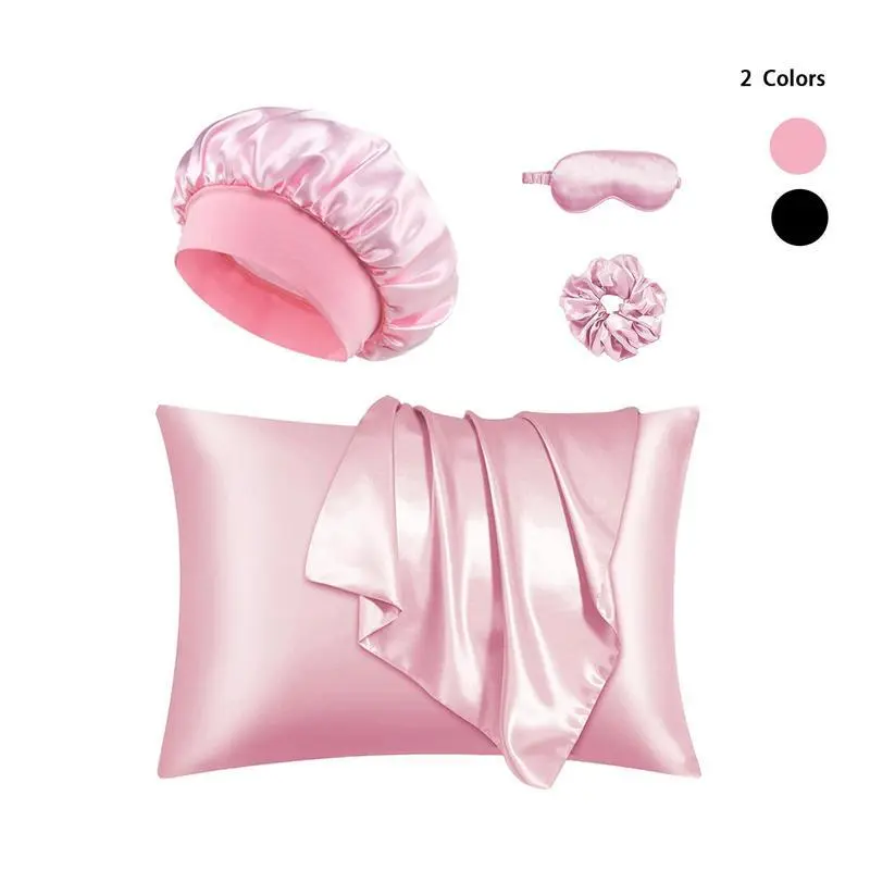 Adult Luxury 5-Piece Smooth Sleep Aid Matching Set - Solid Black Satin & Cotton Kit with Moisture Lock Bonnet, Pillowcases, Shower Cap, Eye Mask for Sleeping & Tie