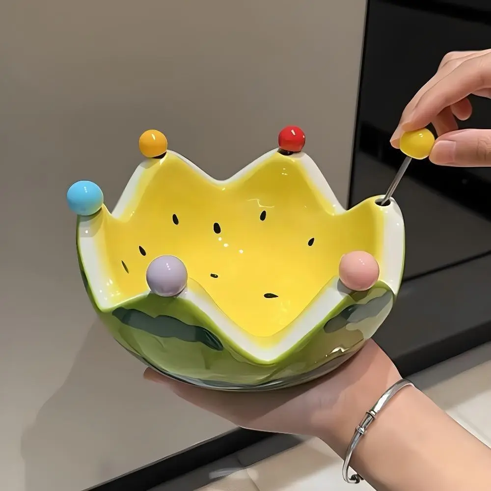 Cute Watermelon-Shaped Ceramic Bowl Set - Spacious Large-Capacity Serving Plate, Matching Mini Fruit Forks, Durable Decorative Table Ornament for Daily Fruit Serving, Everyday Use (Luggage & Bags Bag Accessories Charms & Twillies Compatibility Note)