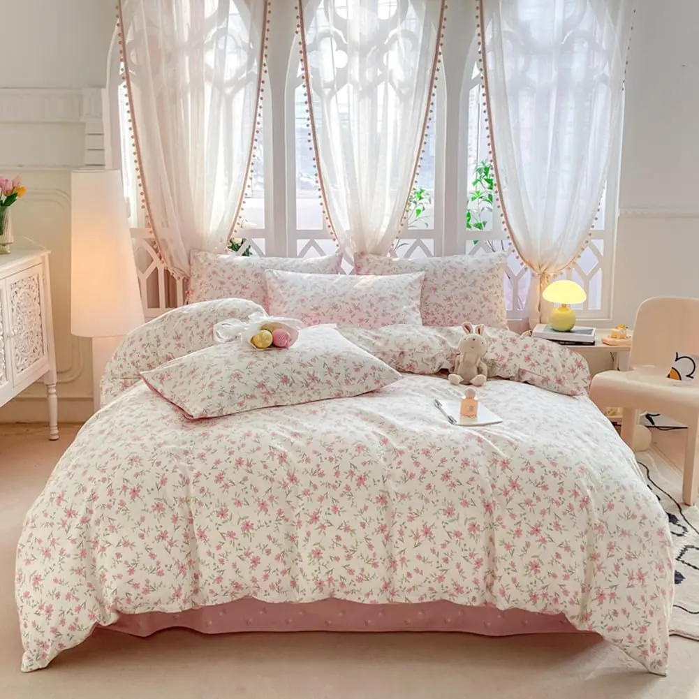 Queen Size 3-Piece Reversible Polyester Vintage Floral Print Pink Bedding Comforter Set for Teen Girls