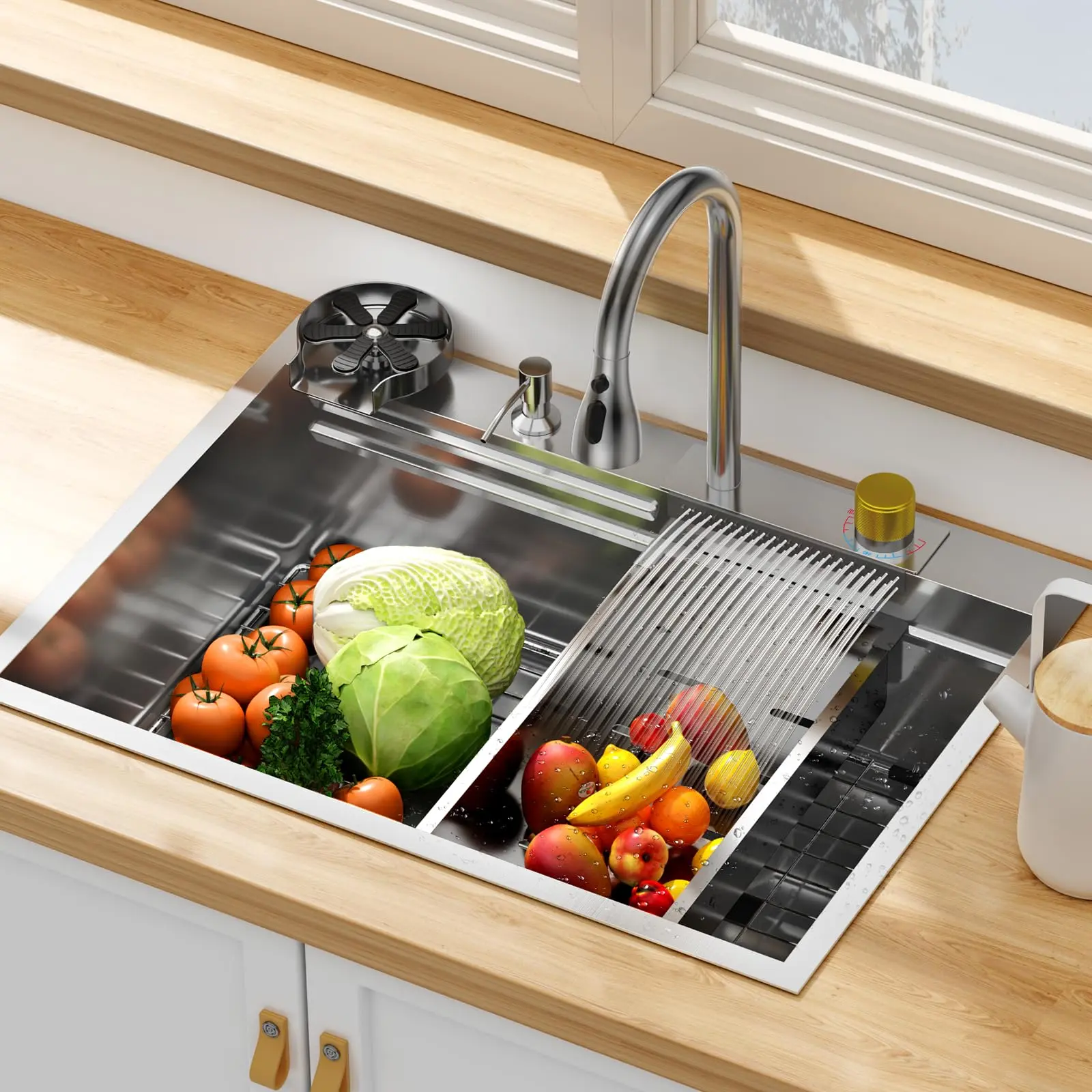 Garvee Kitchen Sink, 30*22*9in Brushed Nickel Waterfall Kitchen Sink Set, 304 Stainless Steel Single Bowl Family and Bar Sinks with Full set Accessories - Brushed Nickel 30*22 Inch Standard Size