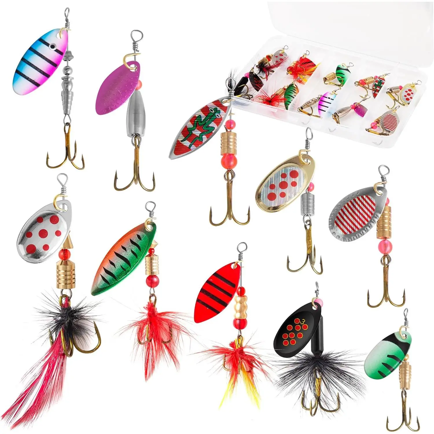 10-Count Metal Inline Spinner Fishing Lures with Tackle Box, Flash Pattern Core Flash Spoon, Weighted for Freshwater/Saltwater Trout, Bass