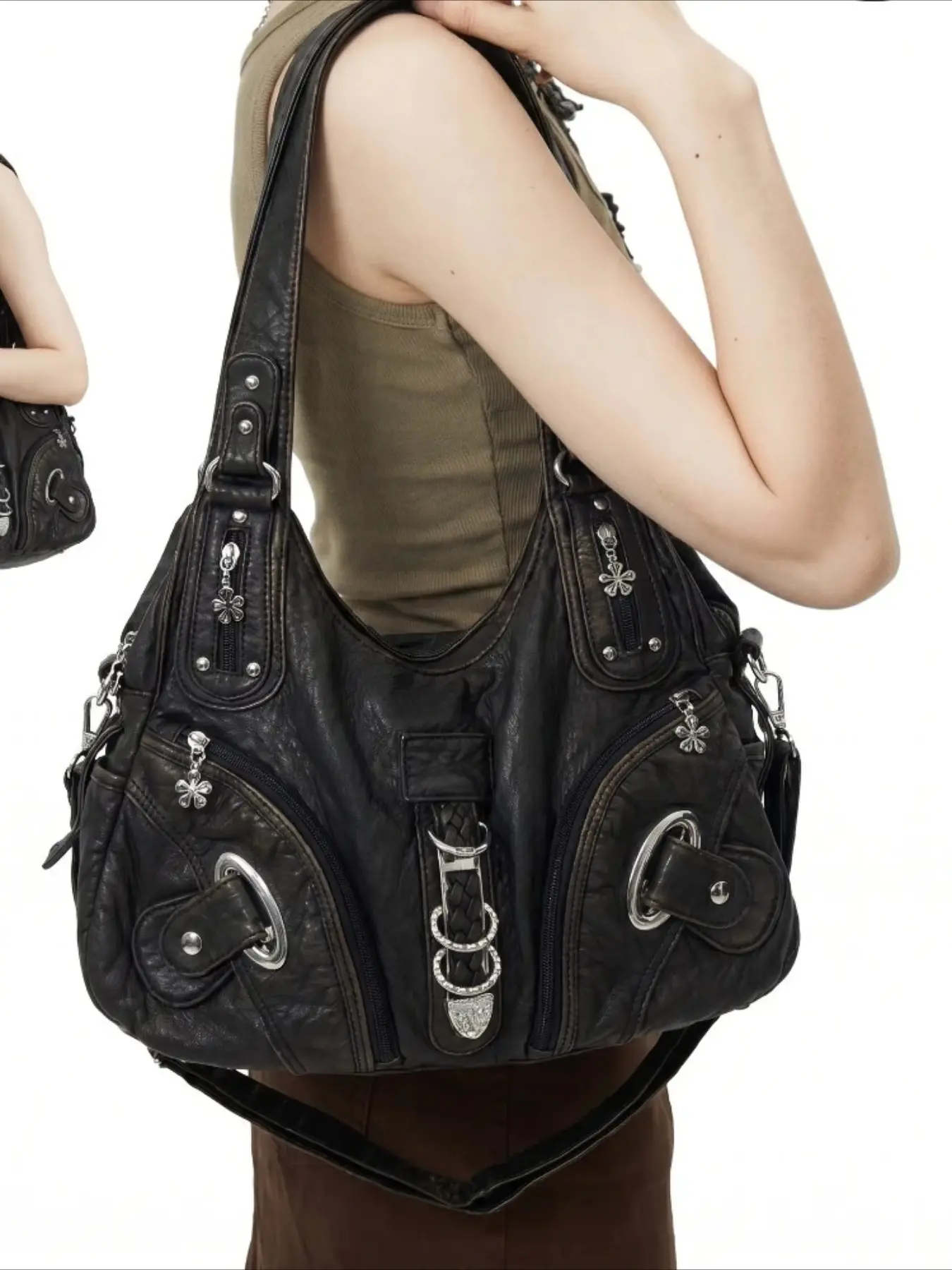 Women's shoulder bag, women's fashionable retro Y2K spicy girl handbag, large capacity, multiple pockets, punk diagonal cross bag, casual crossbody bag, washed and worn vegan leather bag, suitable for vacation, shopping, work, holiday gifts