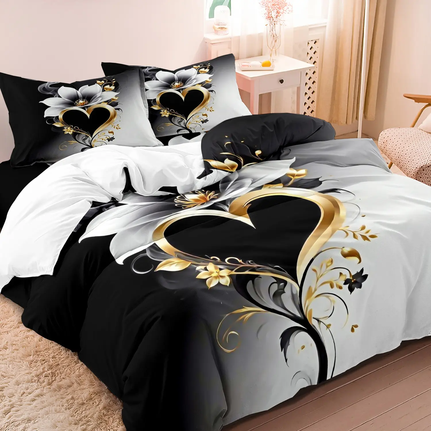 Black White Gradient Golden Heart White Magnolia Floral 3 Pieces Duvet Cover Set, Luxury Golden Scroll Swirl Romantic Flower Print Bedding, Soft Microfiber Elegant Couple Bedroom Decor (1 Duvet Cover + 2 Pillowcases, No Comforter No Pillow)