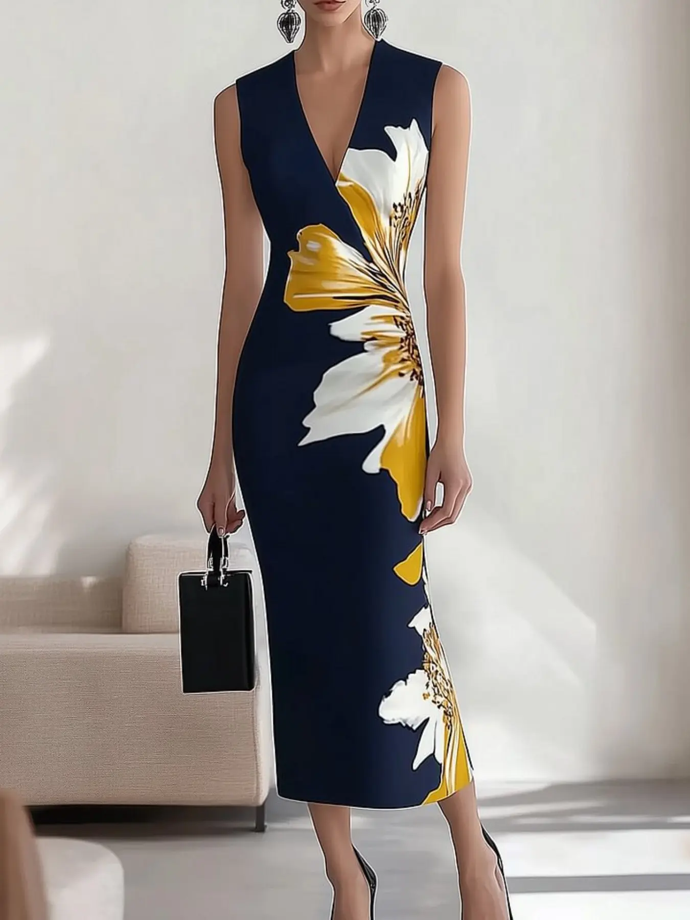 2026 Summer Autumn New V Neck Sleeveless Elegant Chic Fit Vneck Plant Print Dress, Back Zipper High Waist Long Dress, Suitable for Daily Commute, Meetings, Formal Events, Cinched Zip Dress
