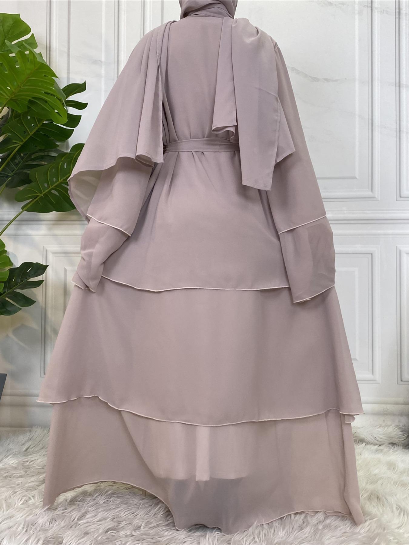 Spring Summer High-Quality Chiffon 3-Layer Eid Abaya with Belt, Modest Muslim Outfits, Casual Party Dress, Comfortable Breathable Fabric, Perfect for Weddings, Arab Wedding Attire, Modest Islamic Clothing