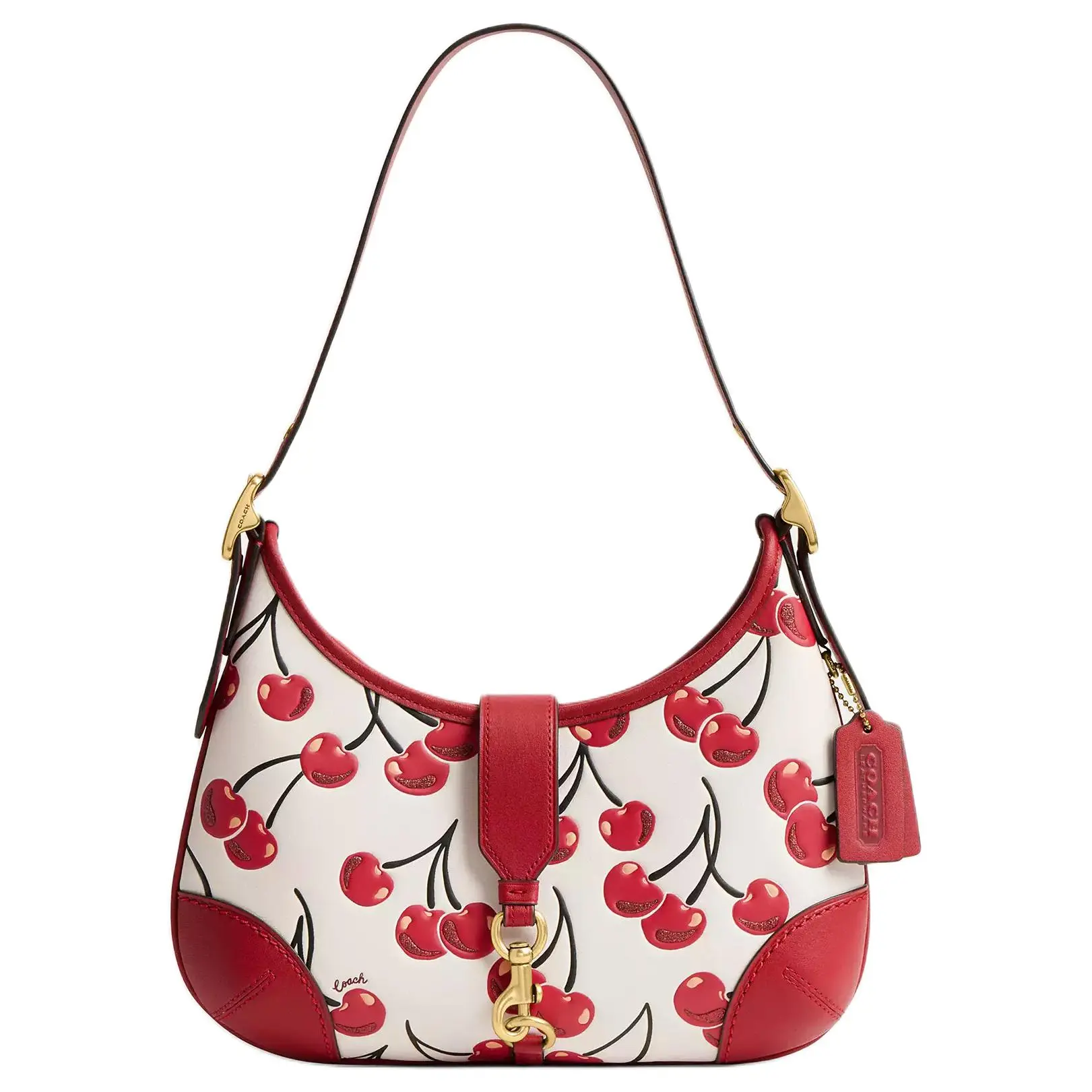 COACH Hamptons 27 Cherry-Print Zip-Top Leather Half-Moon Handbag for Women in Tan with Brass and Chalk Accents