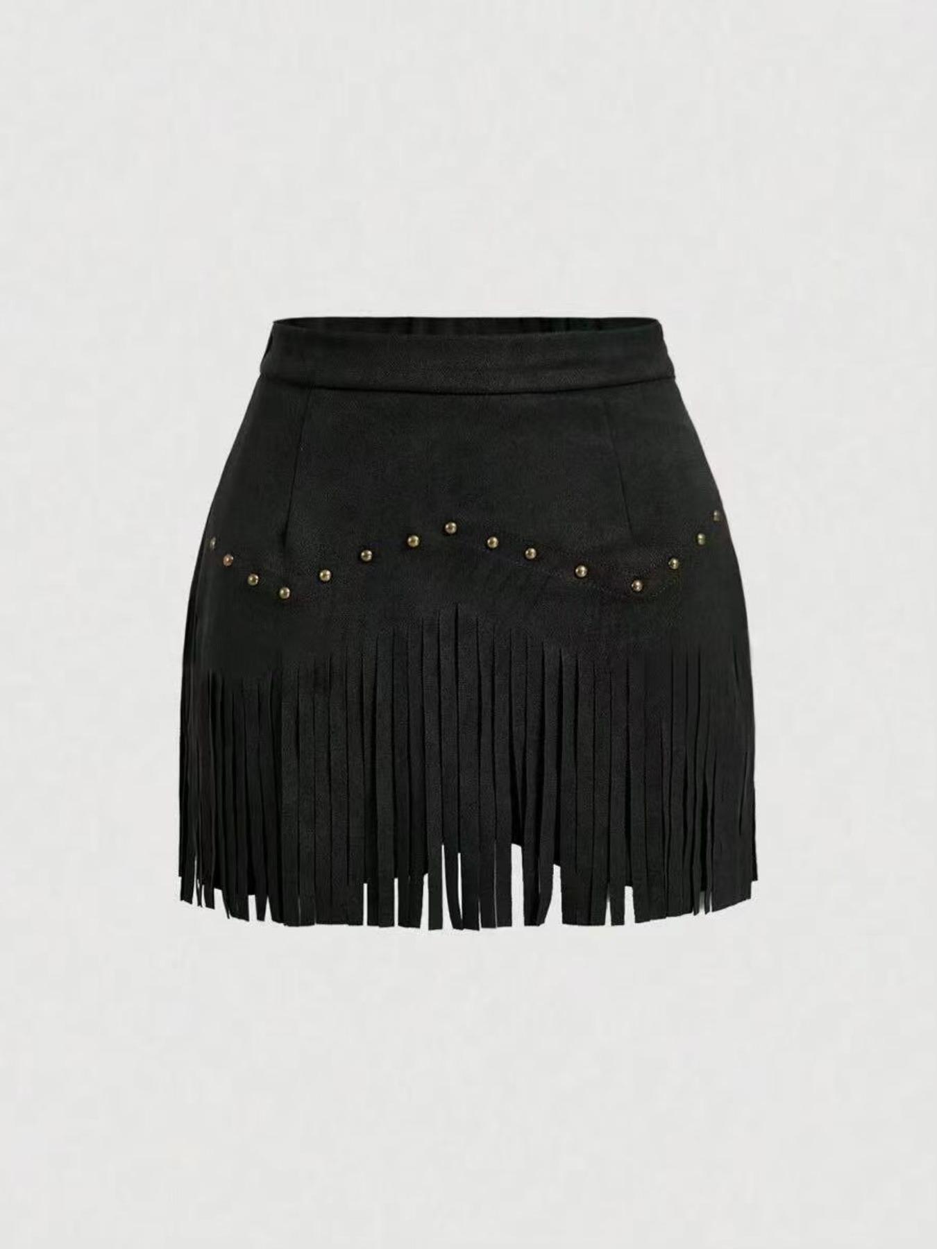 Women's Fringe Trim Short Skirt, Elegant Solid Color Zipper Skirt for Daily Wear, Ladies Bottoms for All Seasons
