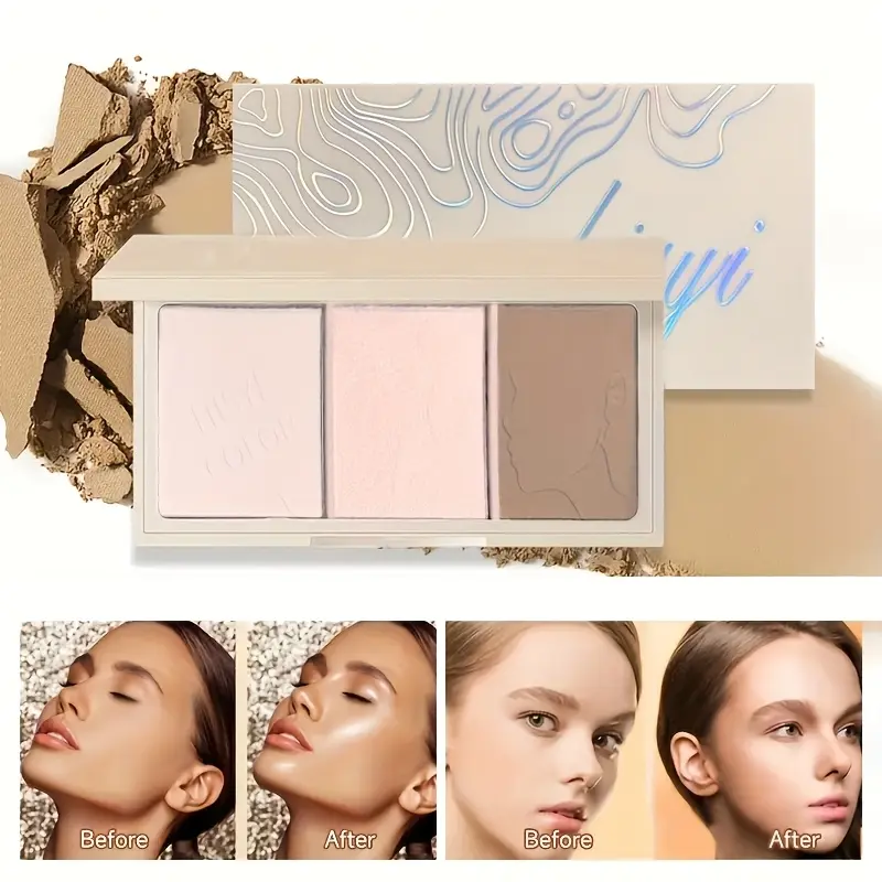 HISYI 3 Color Light Sense Contour Palette, Ultra-fine silky soft texture with minimal flyaway, matte contour carves sharp nose bridge & jawline, shimmer pink highlight brightens cheekbones & brow bone, matte brightener erases dullness, Face Highlighter