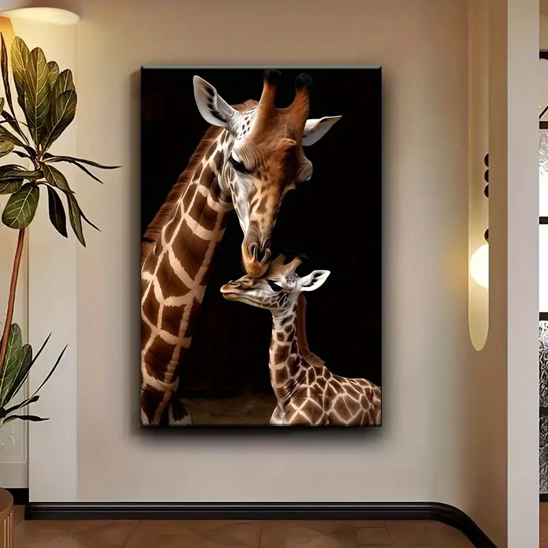 2D Flat, 2D Flat, 2D Flat 1pc Giraffe Family Canvas Artwork That Can Be Hung Right Away, Ideal for Contemporary Art Decoration, Office Settings, Room Embellishments, Home Styling