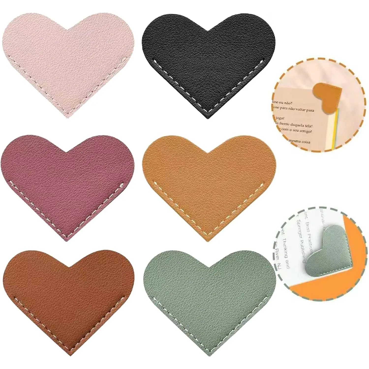 Synthetic Heart Shape Leather Bookmarks - Set of 6 Corner Clips, Cute Office Stationery Book Accessories for Book Lovers, Multiple Colors Reading Page Holders, Book Pages