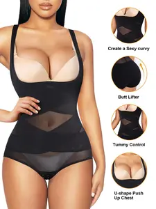 See Through Crisscross Mesh Waist Cincher Bodysuit, Sleeveless U-Shape Deep Neck, Abdomen Smoothing, Hip Enhancer, Easy Snap Closure
