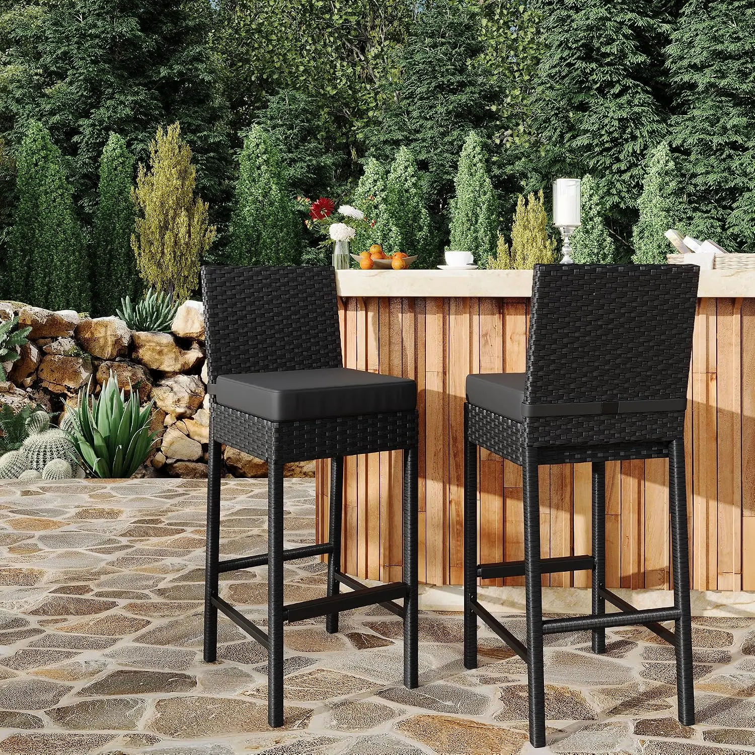 Outdoor Wicker Barstools Set of 2,Rattan Patio Bar Stools for Backyard