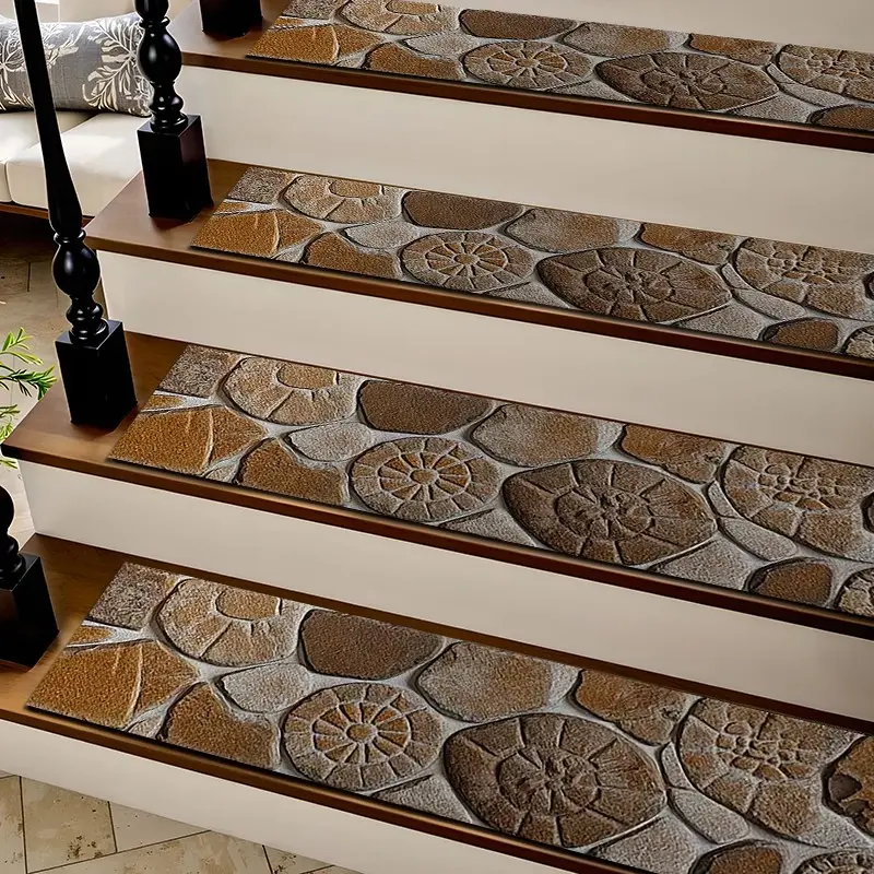 6/8/15 Piece Stair Mat Set, Stair Tread Rug, Irregular Stone Pattern, Indoor Outdoor Non-Slip Carpet, Wooden Stairs, Rubber Bottom, Kids Elderly Pet Friendly