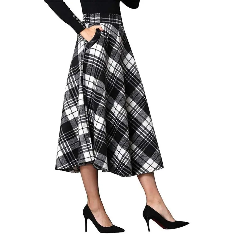 Womens Plaid Wool Skirts Elastic Waist A-Line Pleated Tartan Long Skirts