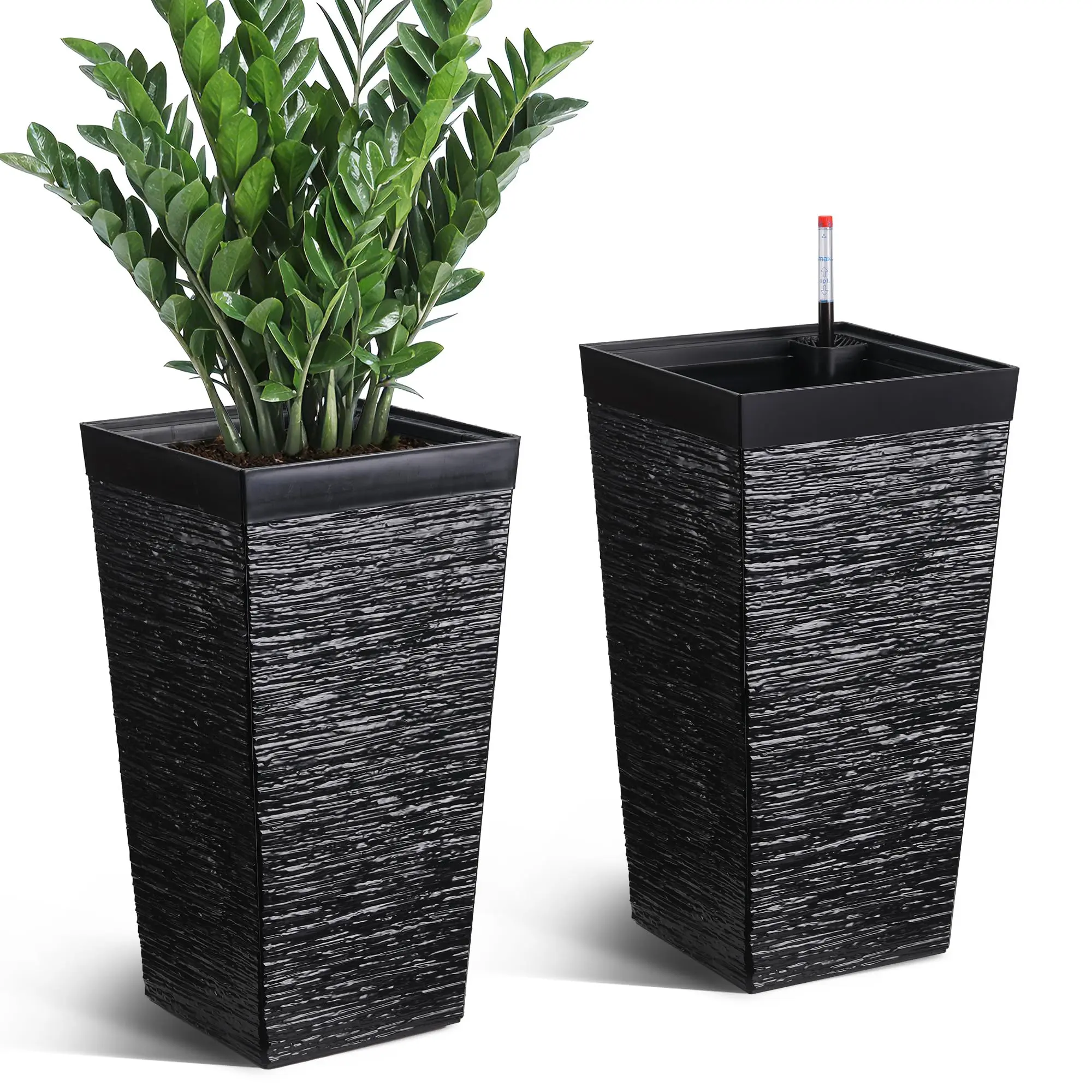 【Garvee】Set of 2 Self‑Watering Tall Planters, 22.5 Inch Large Flower Pots with Water Level Gauge & Drainage Holes, Removable Tray Indoor Outdoor Garden Containers，Black&White