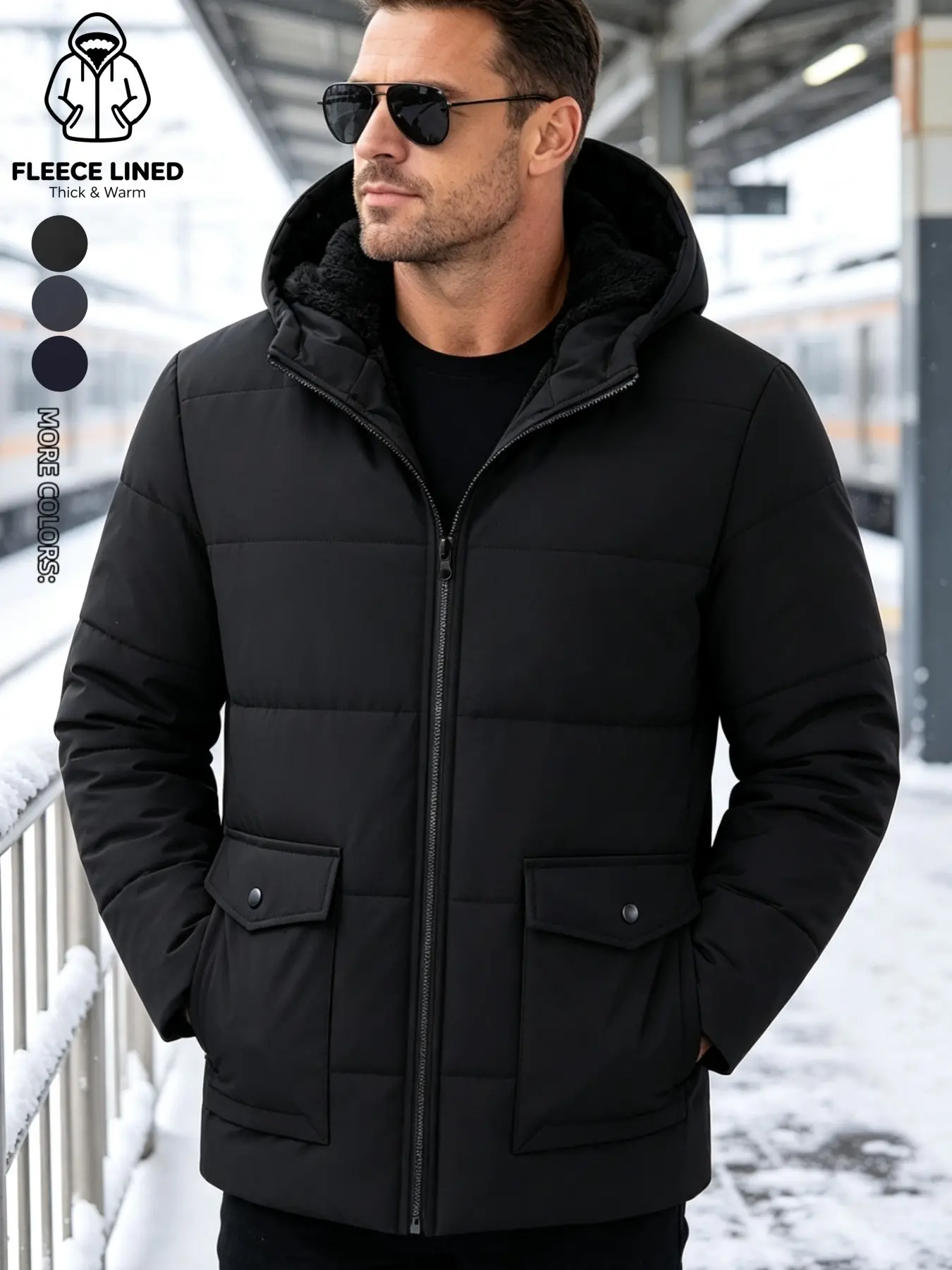 Men's Hooded Quilted Jacket, Long Sleeve Wind-Resistant Coat, Fitted Design, Fall & Winter Wear, Ideal Gift for Men