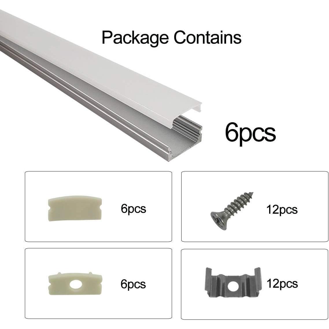 6-Pack 30cm/1ft 17.2x7mm Led Aluminum  System U Shape with Cover, Led Strip Light Diffuser with White End Caps and Mounting Clips Accessories for Under Counter Light Fixture for Indoor