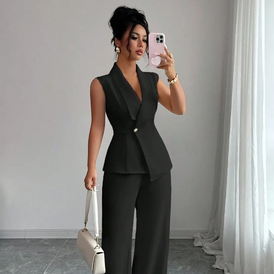 2 Piece Outfits for Women Sleeveless Blazer and Pants Set Business Casual Work Outfits Elegant Vest Suit High Waisted Wide Leg Trousers Matching Pant Suit Set Fall Autumn Fashion Office Wear Streetwear