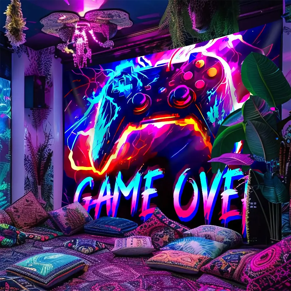 Neon Game Controller Game Over Tapestry Cyber Graffiti UV Blacklight Reactive Multi Size HD Clear Print Machine Washable Soft Durable Easy Hang Decor For Gaming Room Party Space Bedroom Gift For Family And Friends