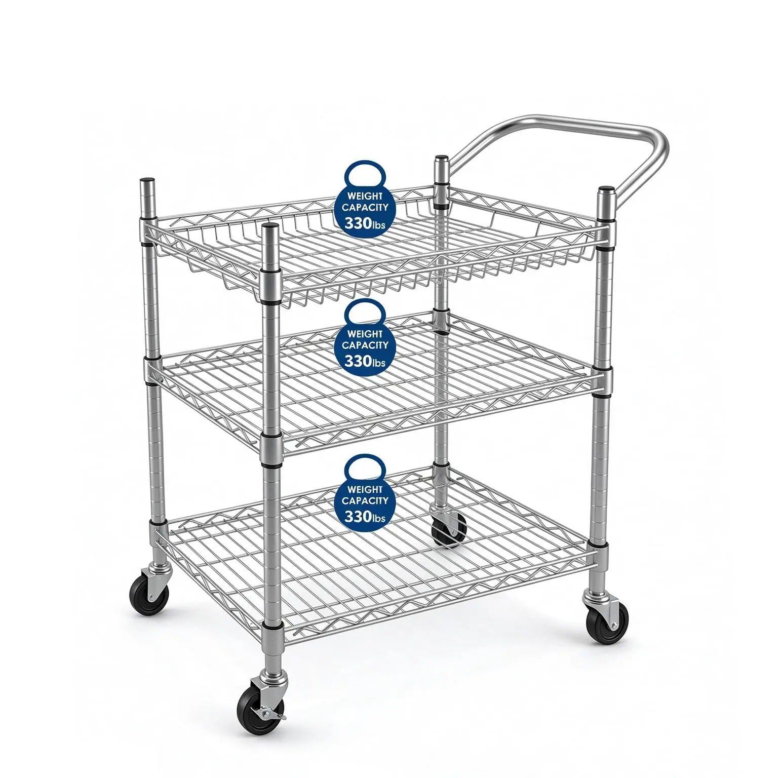 3 Tier Heavy Duty Rolling Utility Cart with Wheels, Suitable for Kitchen and Restaurant Use, Available in Silver and Black, Supports Up to 990 Lbs, Multi-Purpose Trolley Serving Cart