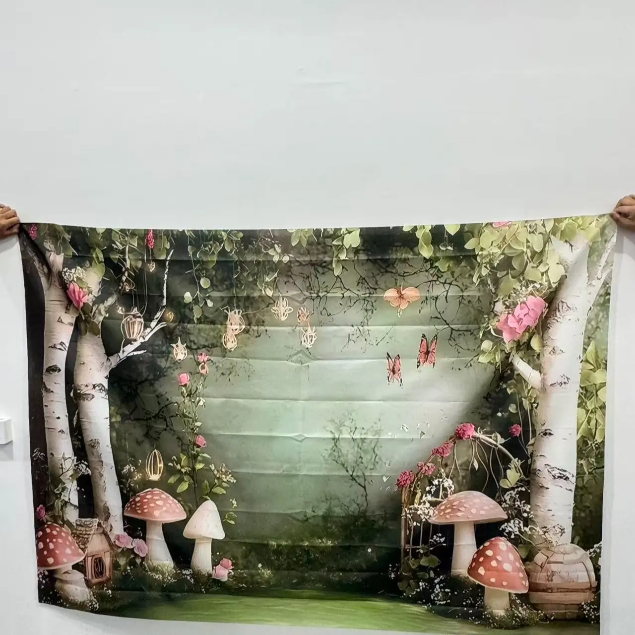 Fairy Tale Mushroom House Pattern Photography Backdrop, 1 Count Romantic Wedding Party Decoration Background, Wall Decoration for Home Living Room Bedroom, Banners, Party Decorations Banners, Polyester Backdrop