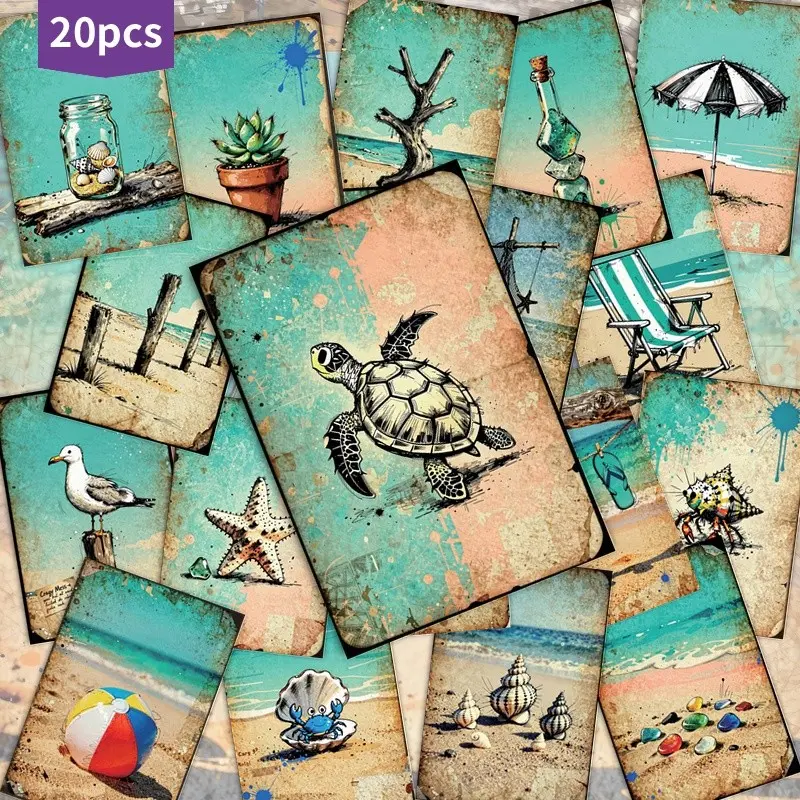 20pcs Tropical Beach Postcards Vintage Retro Art Illustration Sea Turtle Collectible Decorative Cards Watercolor Ephemera Scrapbooking Junk Journal Crafting Collage DIY Supplies