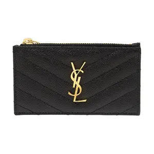 Saint Laurent YSL Cassandre Logo Embossed Quilted Leather Card Holder Wallet for Women in Black