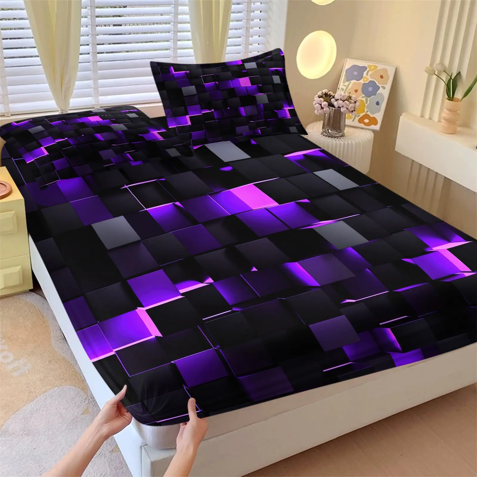 3PCS Neon Purple 3D Cube Optical Illusion Fitted Sheet Set (1 Fitted Sheet + 2 Pillowcases),Soft Wrinkle Resistant Breathable Fabric,Deep Pocket Anti-Slip Full Wrap Design,Edgy Cyber Bedding For Teen Bedroom & Dorm