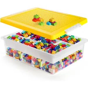 Building Block Organizer Bin, Plastic Double Layer Brick Storage Box with Building Baseplate, Stackable Art Crafts Container with Removable Divided Tray for Home, Office