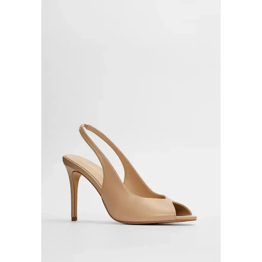 JUST FAB Women's Peep Toe Slingback Heels, 3.75" Stiletto Pumps, Faux Leather Slip On Party Shoes for Wedding Guest & Date Night