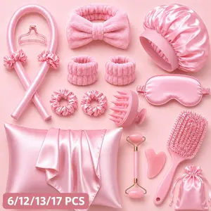 6/12/13/17Pcs Luxury Satin Hair Care Sleep Set, All-in-One Overnight Beauty Kit with Satin Pillowcase, Bonnet, Sleep Mask, Heatless Curling Rod, Scrunchies, Headband, Scalp Massager, Detangling Brush, Facial Roller & Gua Sha for Frizz-Free Hair, Soft Curl