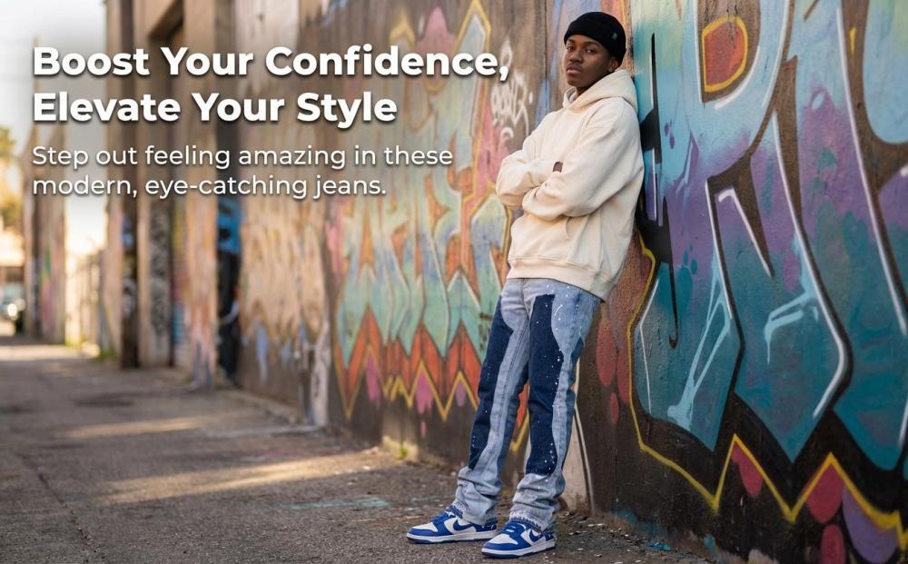 Men's Viral 2026 Trend Flare Denim Jeans Patchwork Paint Splatter Flare Denim Jeans Carpenter Pocket Raw Hem High Street Skate Pants Carpenter Flare Denim Jeans Raw Hem Loose Fit Stretch High Street Skate Pants for Men