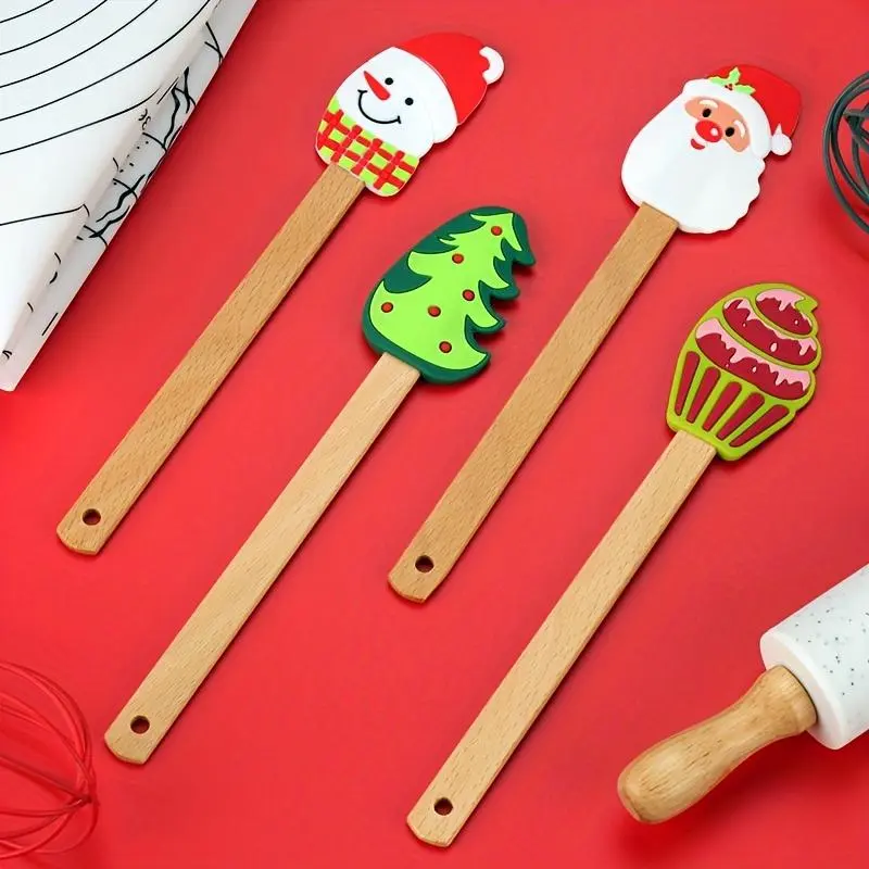 4-Piece Food-Grade 100% Silicone Christmas-Themed Cream Cake Spatulas & Turners with Wooden Handles - Sturdy Baking & Kitchen Utensils Set for Household Use