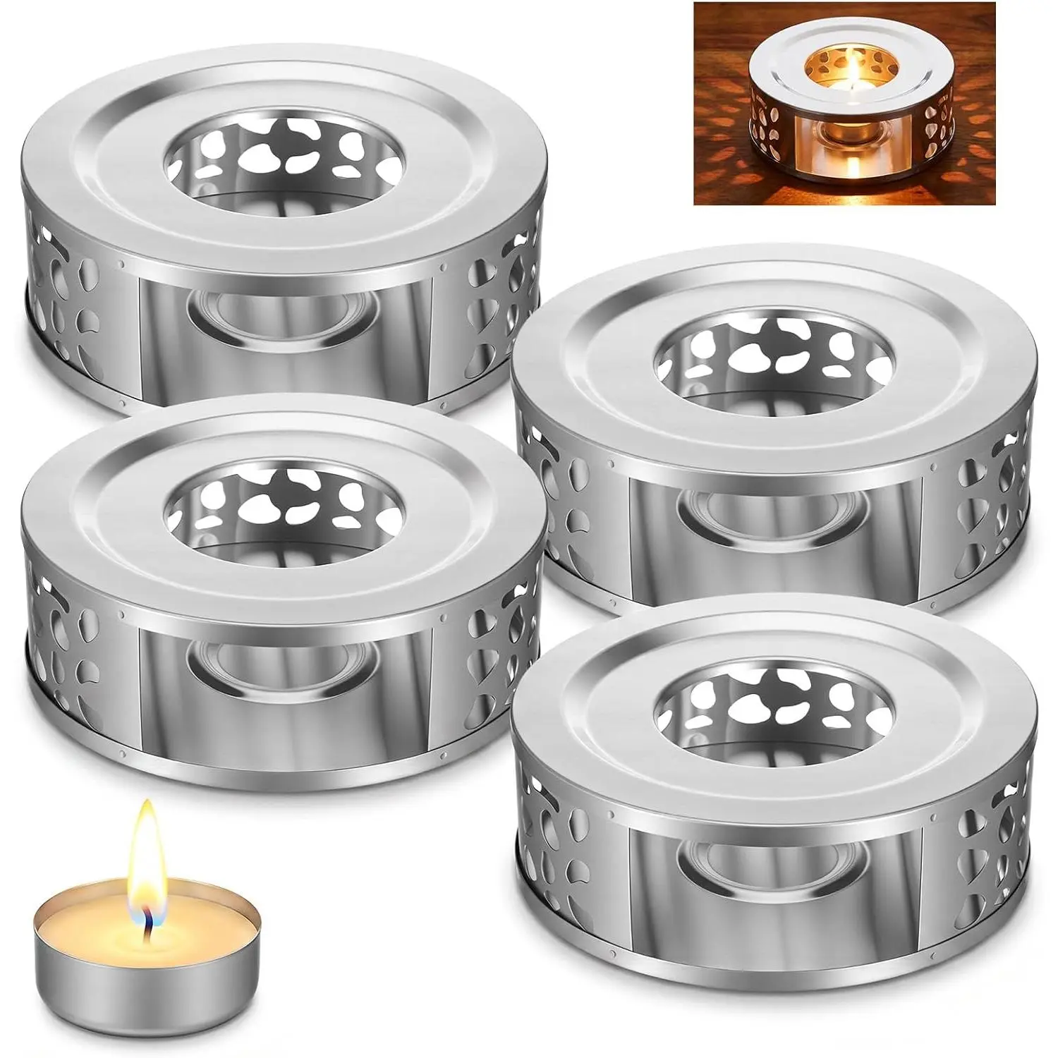 4 Pack Teapot Warmer, Stainless Steel Tea Warmer with Tealight Candle Holder, Brushed Metal Tea Kettle Heater Base for Most Teapots, Coffee Mugs & Cast Iron Teapots, Silver