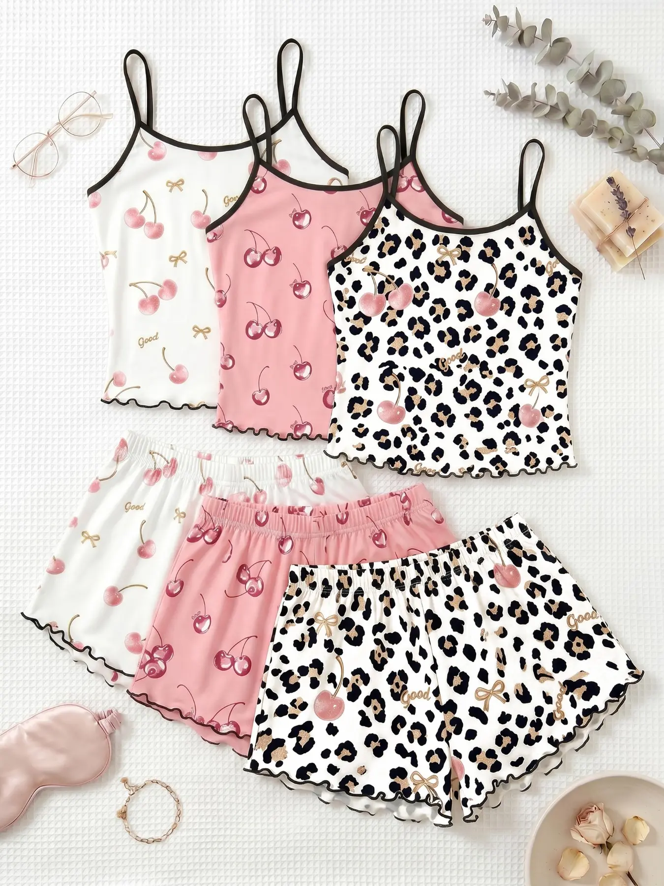 3-Piece Set Cherry Print Sleeveless Design Pajama Set, Women's Sleepwear Loungewear, Slim-Fit Above Knee Shorts, All-Season Comfortable Home Pyjamas