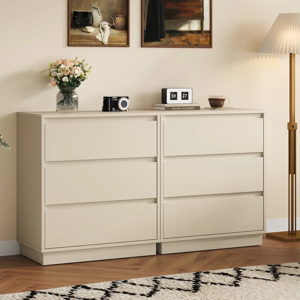 [Bellemave] Large 3 Drawer Dresser Set of 2, Modern Nightstand for Bedroom, Wide Bedside Table with Hidden Pull-out System, Wooden Chest of Drawers for Living Room, Entryway, Beige