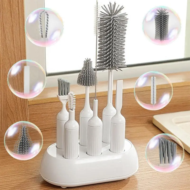 6-In-1 Kitchen Cleaning Brush Set with Storage Base, Durable Abs and Silicone, Reusable Cup and Bottle Cleaner, Back-To-School Essential