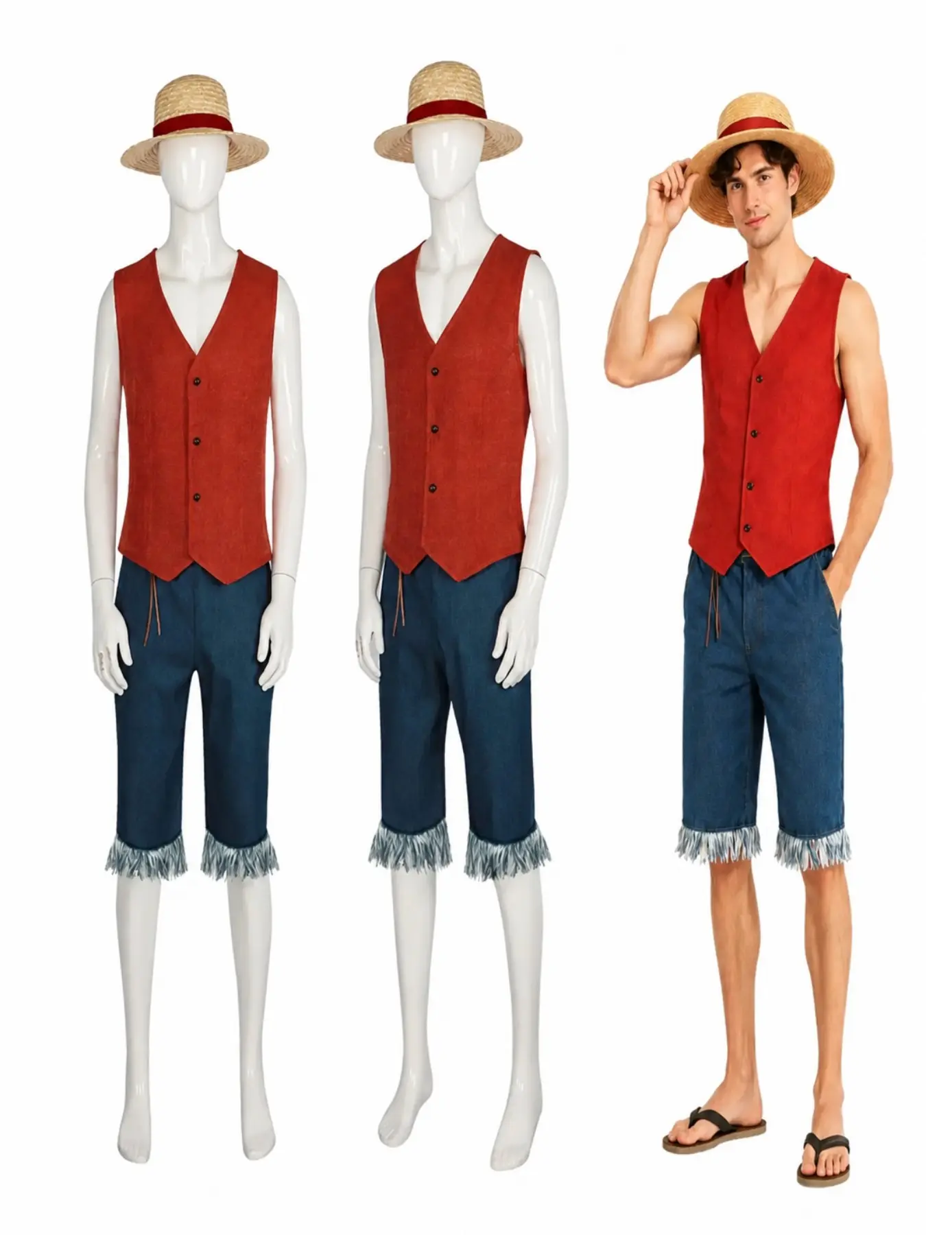 Monkey D Luffy Cosplay Costume for Men Adult Anime Outfit Classic Halloween Party Red Vest Shorts Straw Hat Rope Set