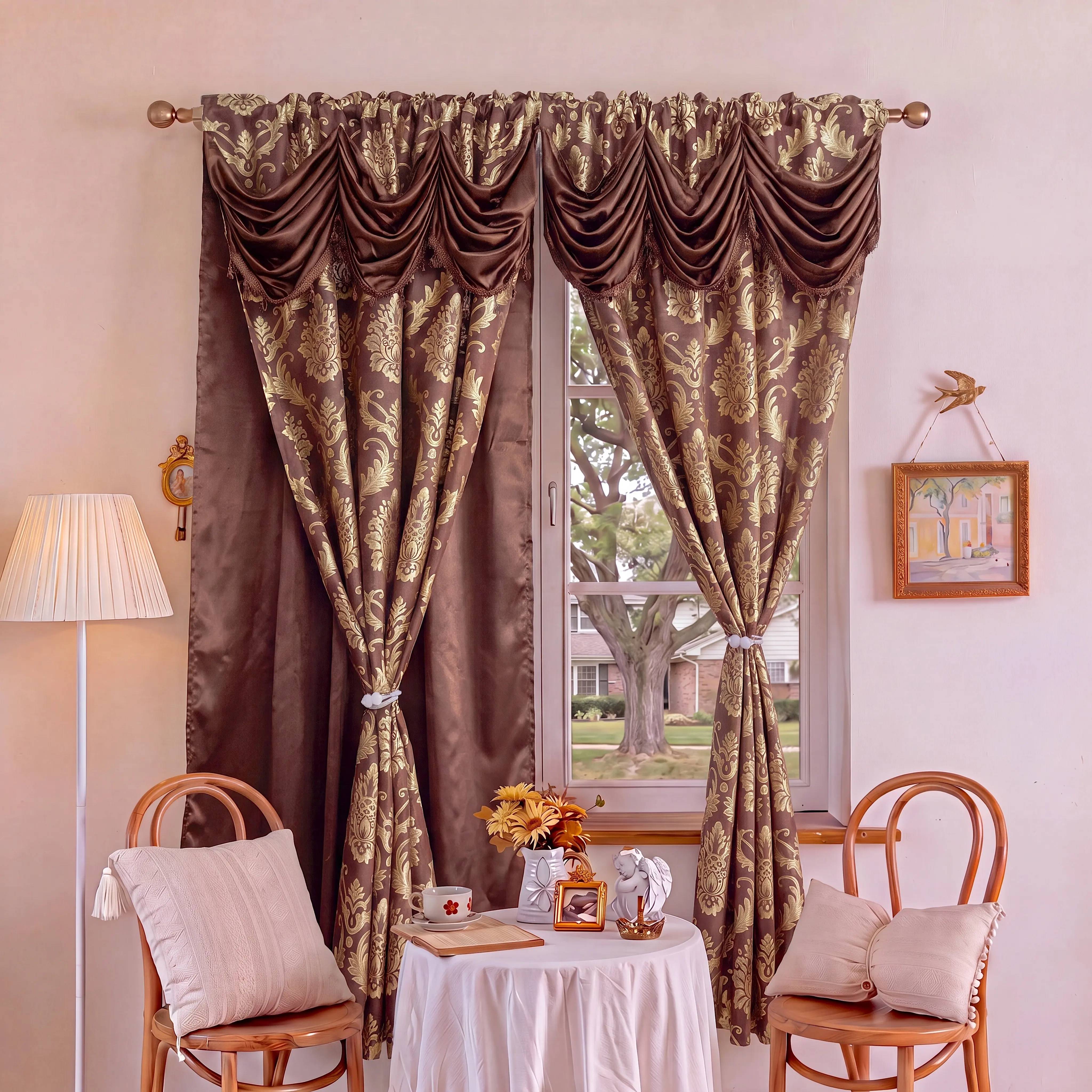 2 Panels 52"x63" Luxury Damask Jacquard Complete Curtain Set, Rod Pocket Double Layer Drapes with Satin Blackout Liner, Attached Swag Waterfall Valance with Fringe Trim, Vintage European Floral Pattern Window Curtains for Mansion Formal Living Room JV1