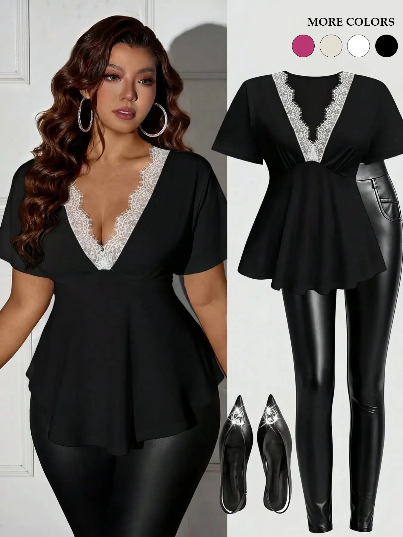 Women's Plus Size Lace Trim V-Neck Peplum Top, Blouses Shirts Tops, Casual Short Sleeve Contrast Lace Flowy Blouse, Elegant Y2K Style Clubwear for Night Out Parties